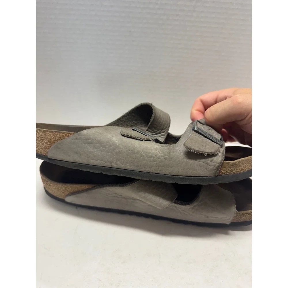 Birkenstock Arizona Grey Leather Two Strap Buckle Slide Sandals Mens 43 10
